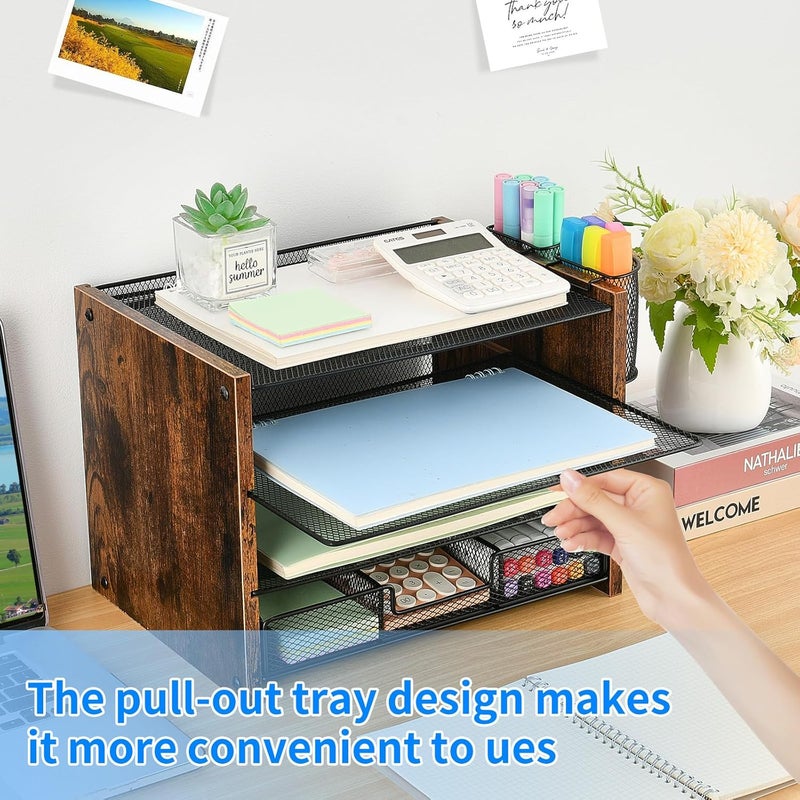 OPNICE OPNCIE Desk Organizer and Accessories, 4-Tier Paper Letter Tray File Organizer with Drawer & 2 Pen Holder, Office Desk Accessories Workspace Desktop Organizer for Office Supplies(Brown) - Image 4